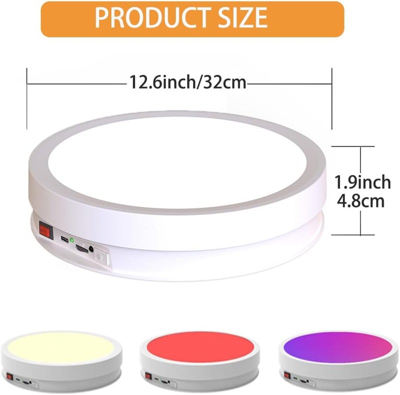 JAYEGT Variety Colors LED Light Base Non-Slip Rotating Display Stand , 66Lbs Load,360 Photography Turntable for Products Shows, Glass Crystal Artwork, Jewelry,Remote control (12.6inch / 6Color LED Light / White/Rechargeable) - Image 4